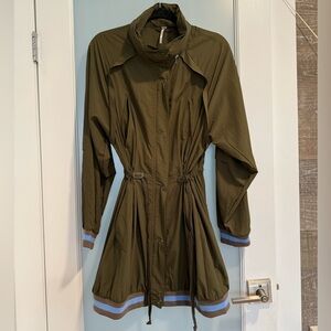 Free People Olive Green Waterproof Rain Trench Coat with Blue Accents Adjustable